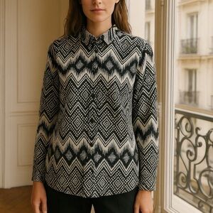 J. CREW 100% Linen Boho Aztec Artsy Print Button Up Collard Boy Fit Blouse